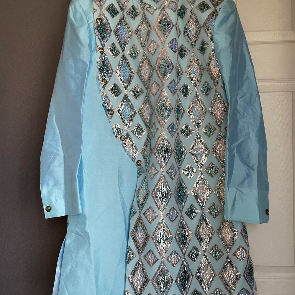 Men silk Kurta jacket set in blue